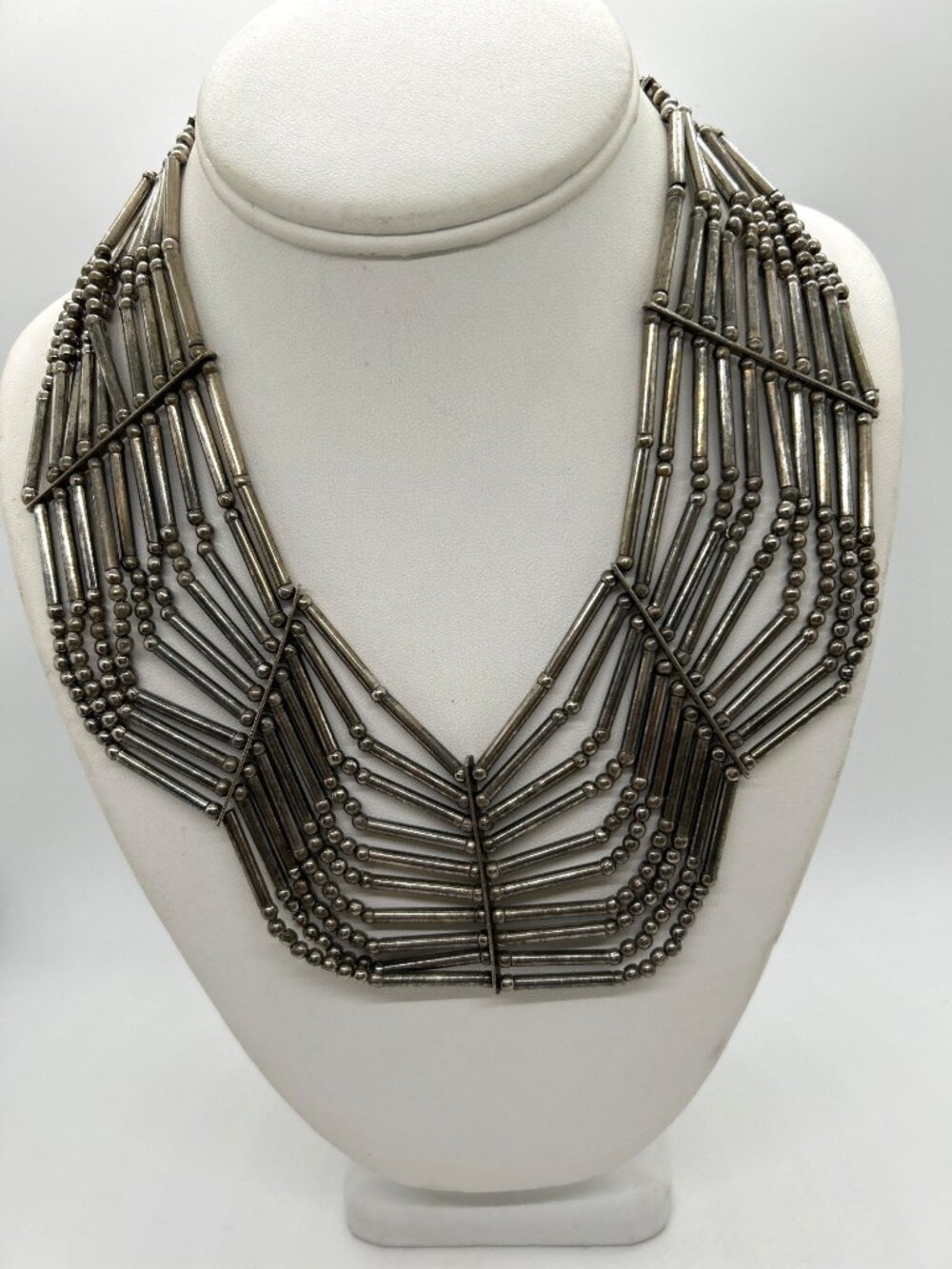 Vintage Multi-Strand Silver Tone Statement Bib Necklace Chunky Boho Collar